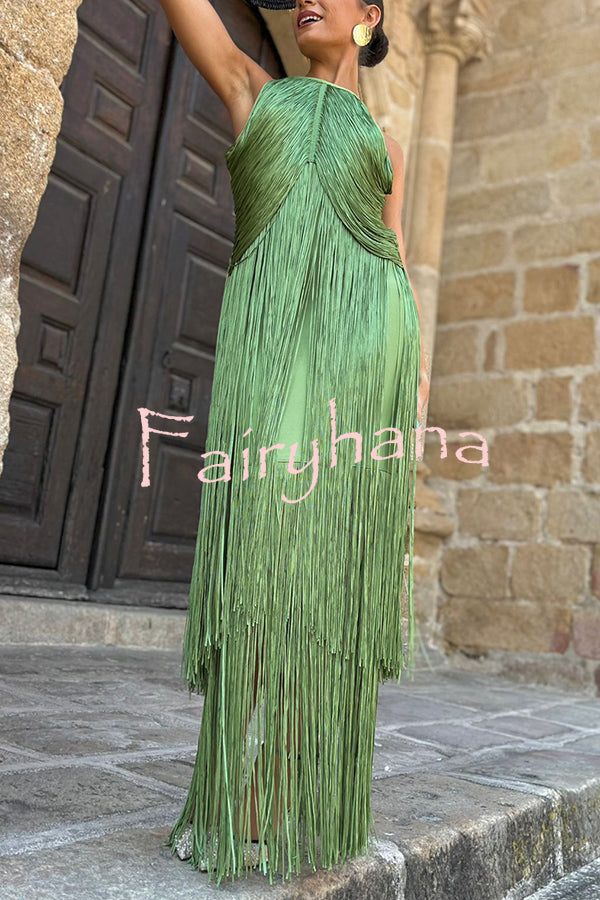 Fashion Sleeveless Halter Neck Elegant Tassel Slim Maxi Dress