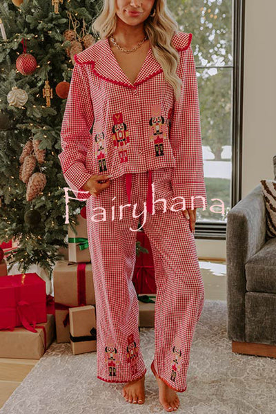 Nutcracker Charm Embroidered Gingham Loose Shirt and Elastic Waist Pajama Set