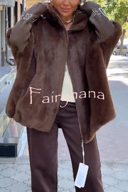 Fashion Sports Stripe Print and Ribbed Embroidered Long Sleeve Zipper Pocket Hooded Plush Coat