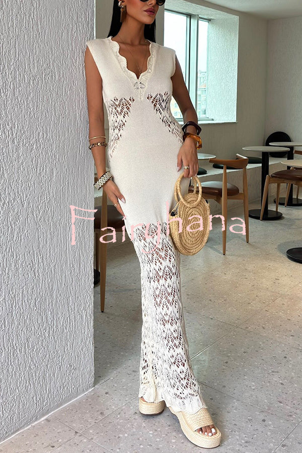 Solid Color Hollow Knitted V-neck Slim Fishtail Maxi Dress