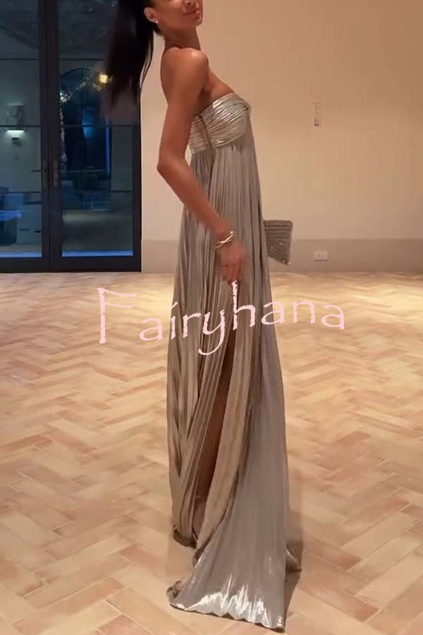 Night Elf Metallic Fabric Pleated Off Shoulder Twist Bust Slit Maxi Dress