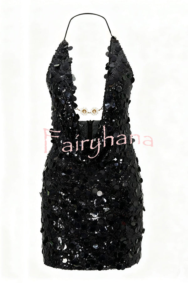 Sexy Halter Neck Sequined Open Back Mini Dress