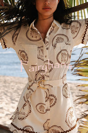 Resort Style Print Lapel Short Sleeves Casual Pocket Waist Tie Loose Rompers