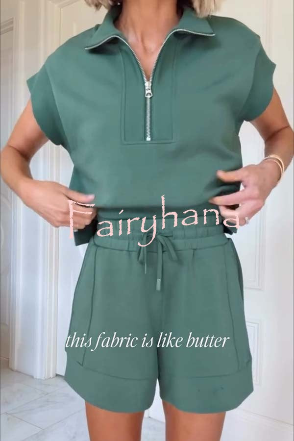 Buttery Touch Half-Zip Short Sleeve Sweatshirt and Elastic Waist Pocket Casual Shorts Set