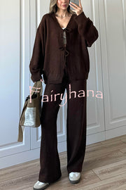 Solid Color V-neck Tie Long-sleeved Loose Knit Cardigan and Elastic Waist Casual Straight Leg Pants Set