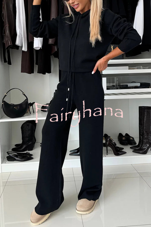 Solid Color Loose Hooded Tie Sweatshirt and Elastic Waist Casual Straight Pants Set