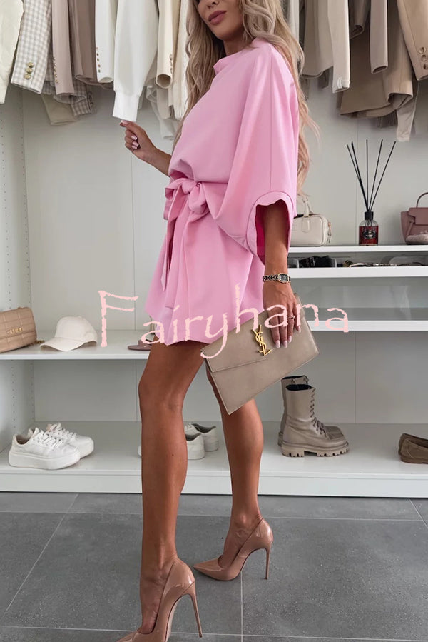 Solid Color Loose Round Neck Belted Mini Dress