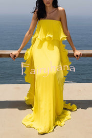 Reina Chiffon Pleated Wavy Ruffles Trim Strapless Loose Maxi Dress