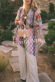 Sun Washed Knit Colorful Zigzag Pattern Asymmetric Hem Loose Cover-ups Kaftan