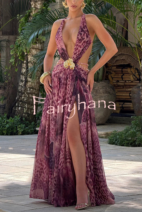 Kinara Leopard Print Deep V-neck Metal Flower Hollow Beads Detail Slit Maxi Dress