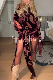 Night Out Velvet Paisley Print Long Sleeve Tie-up Tassel Loose Mini Dress