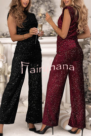 Stylish Sparkly Velvet Sequin Sleeveless Pleated Top and Casual Wide-leg Pants Set
