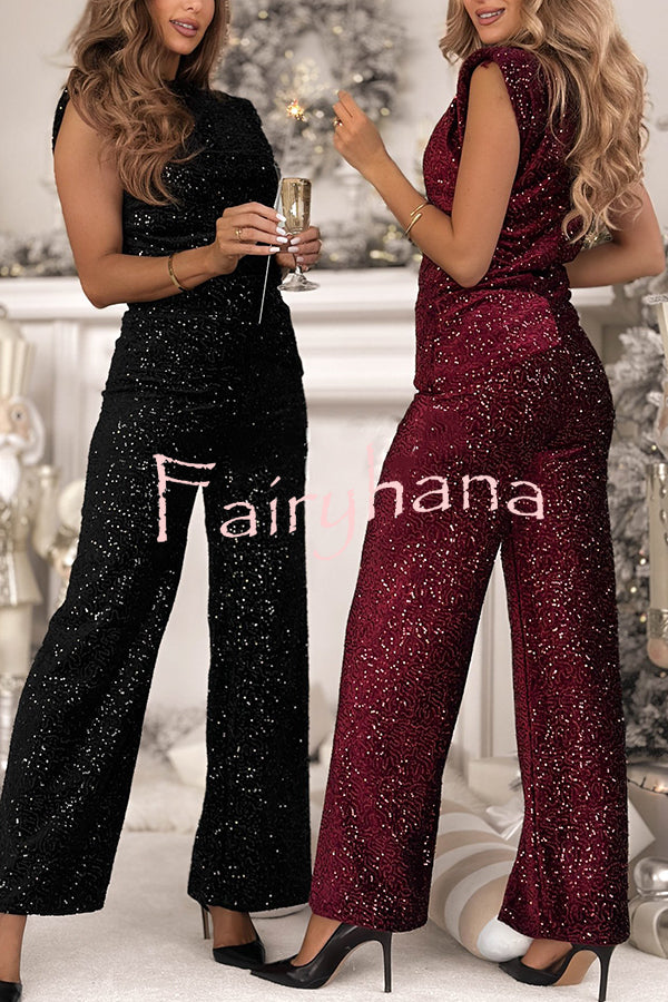 Stylish Sparkly Velvet Sequin Sleeveless Pleated Top and Casual Wide-leg Pants Set