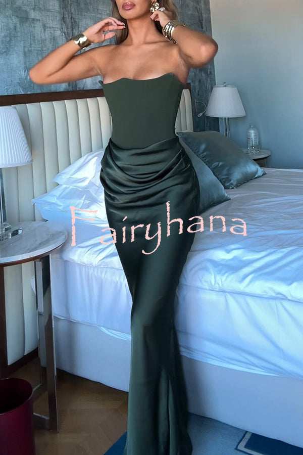 Attend The Gala Strapless Corset Satin Ruched Hip Drape Maxi Dress