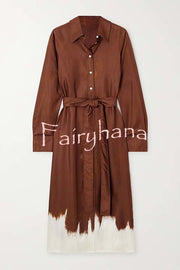Oil Paint Unique Pattern Satin Button Long Sleeve Tie-up Shirt Midi Dress