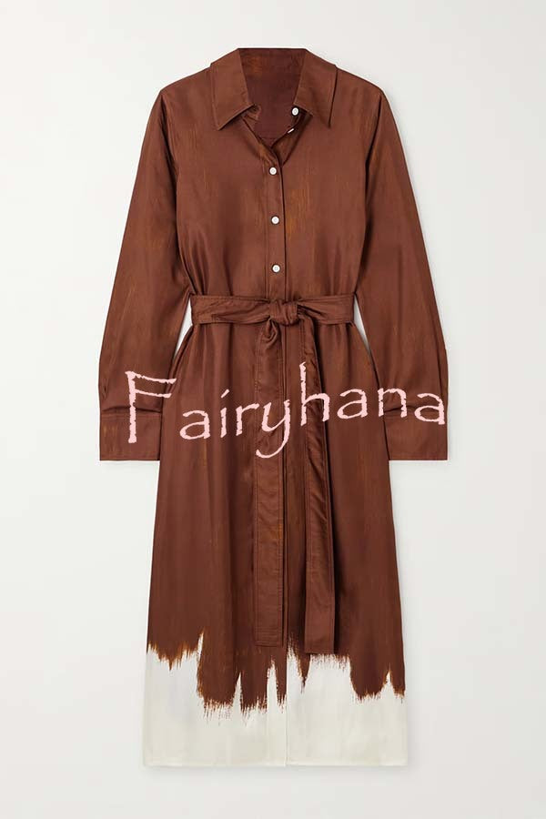 Oil Paint Unique Pattern Satin Button Long Sleeve Tie-up Shirt Midi Dress