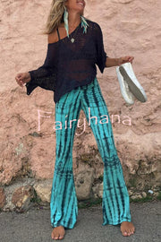 Balvin Tie Dye Print Ruched Lace-up Waist Stretch Flare Pants