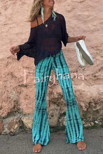 Balvin Tie Dye Print Ruched Lace-up Waist Stretch Flare Pants
