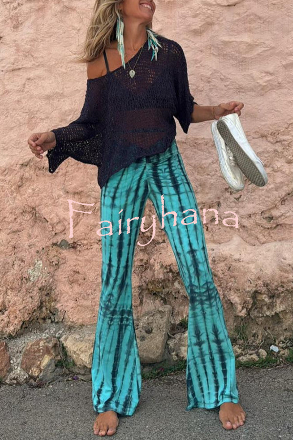 Balvin Tie Dye Print Ruched Lace-up Waist Stretch Flare Pants