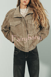 Fashionable Suede Loose Pocket Leather Jacket