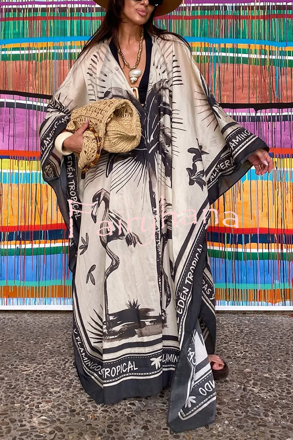 Flora Flamingo Print V-neck Loose Holiday Maxi Dress