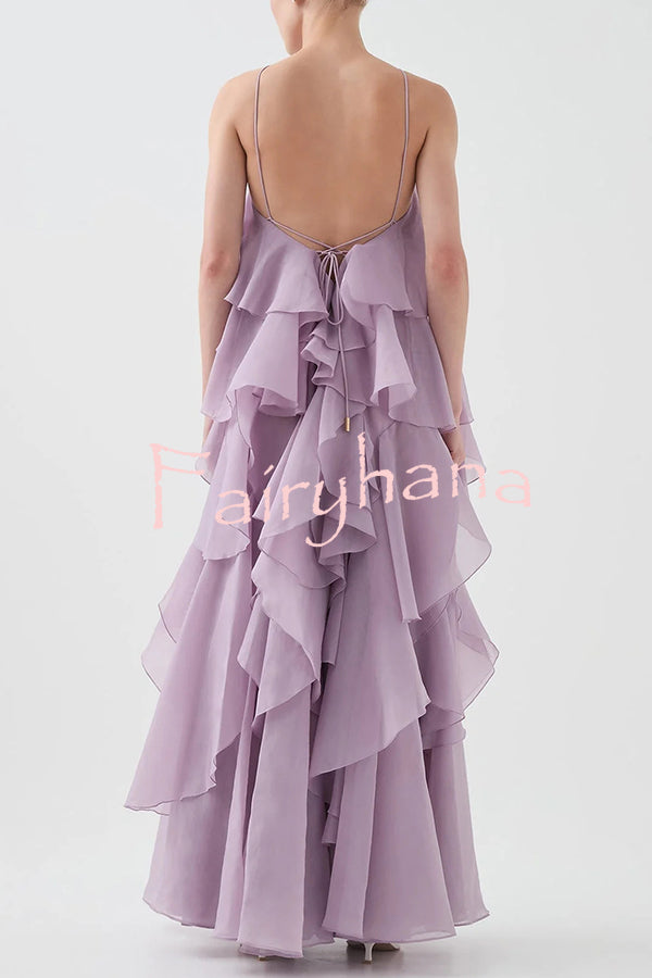 Free - Flowing Rose Detail Tiered Ruffles Halter A-line Maxi Dress