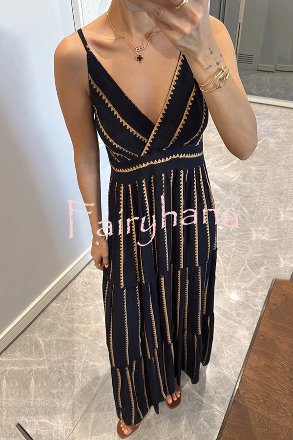 Striped Printed Suspender V-Neck Full Hem Loose Holiday Maxi Dress