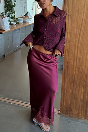 Sunday Social Contrast Color Satin Lace Trim Mid Rise Maxi Skirt