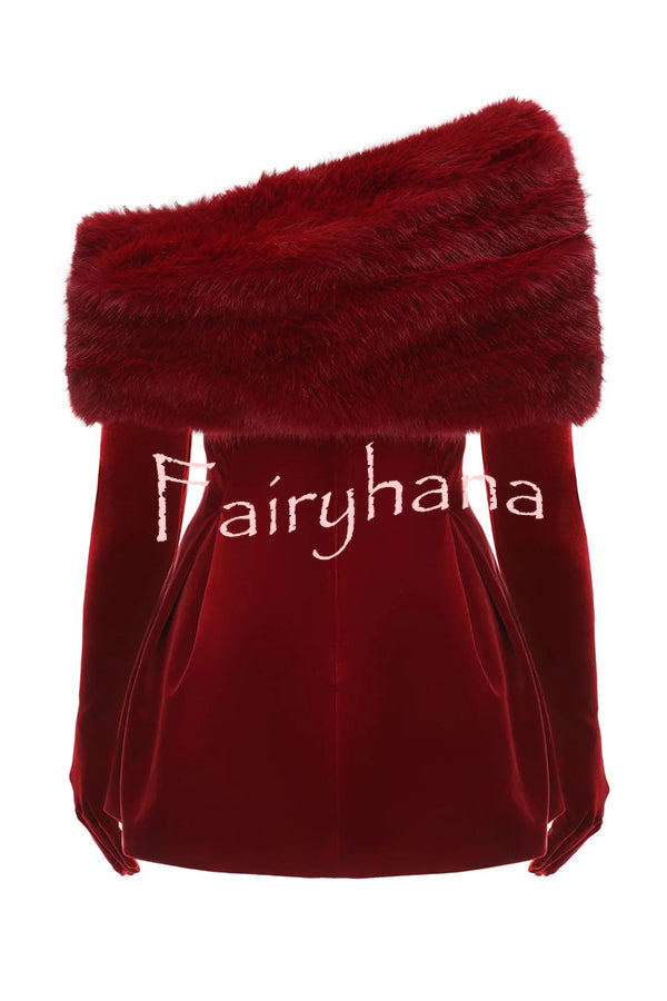 Stylish Velvet Off-shoulder Fitted Mini Dress and Fluffy Shawl, Velvet Gloves Three-piece Set