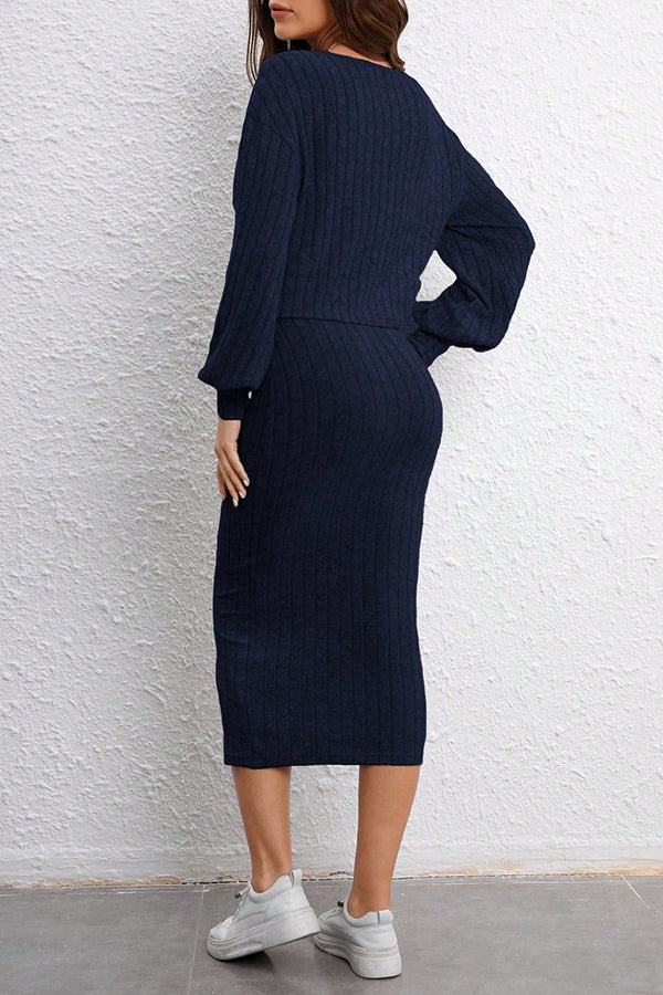 Solid Color Round Neck Long Sleeve Casual Cardigan and Suspender Slim Midi Dress Set