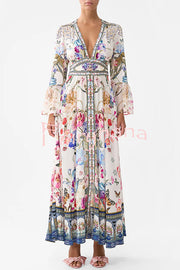 Fairy Tale Print V-Neck Lantern Sleeve Waist Maxi Dress