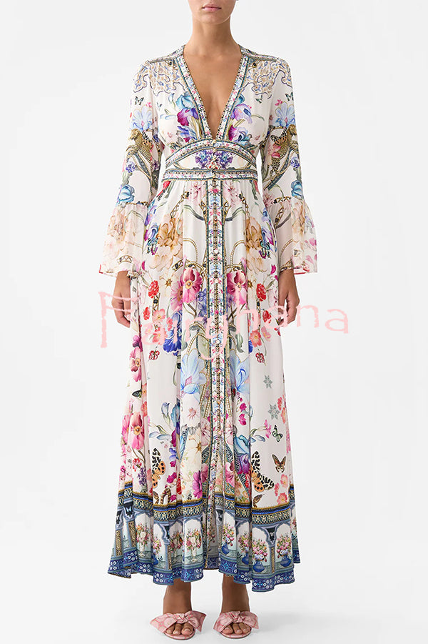 Fairy Tale Print V-Neck Lantern Sleeve Waist Maxi Dress