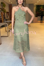 Libby Crochet Knit Oversized Flower Design Halter Texture Maxi Dress
