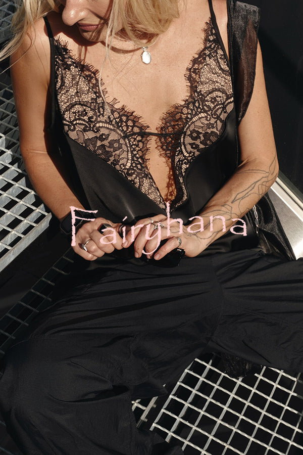 Versatile and Elegant Items Lace Petal Trim Cutout V-neck Slip Loose Tank