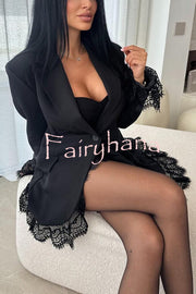 Amazing Items Lace Trim Button Up Long Sleeve Lapel Loose Blazer