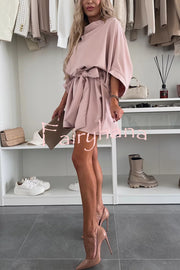 Solid Color Loose Round Neck Belted Mini Dress