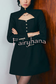 Elegant Long-sleeved Hollowed-out Button-down Slim-fit Mini Dress