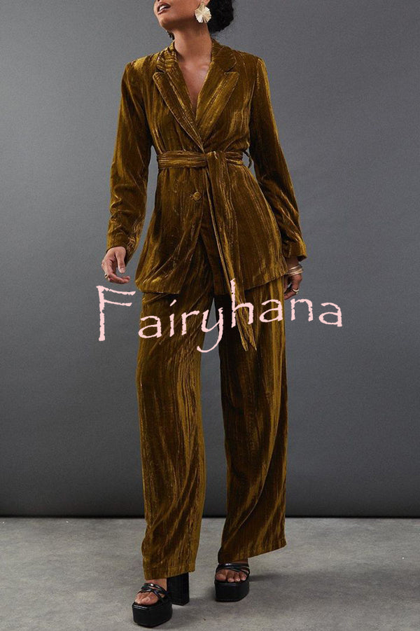 Solid Color Velvet Long-sleeved Waist Tie Top and Elastic Waist Casual Pocket Straight-leg Pants Set