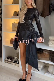 Forever New Sequin Long Sleeve Oversized Bow Drape Mini Dress
