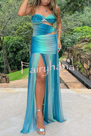 Soleil Mesh Printed Starfish Pendant Ruched Cutout Off Shoulder Maxi Dress