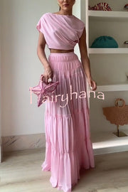 Stunning Chiffon Ruched Shoulder Short Sleeve Crop Top