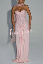 Carina Sequined and Satin Jersey Off Shoulder Ruched Knot Drape Maxi Dress