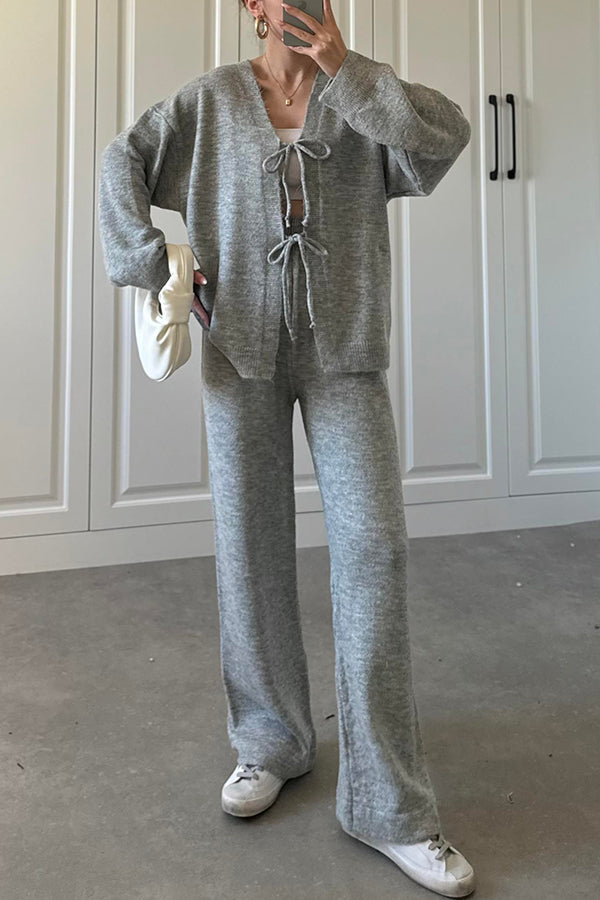 Solid Color V-neck Tie Long-sleeved Loose Knit Cardigan and Elastic Waist Casual Straight Leg Pants Set