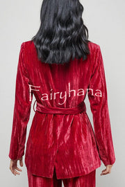 Solid Color Velvet Long-sleeved Waist Tie Top and Elastic Waist Casual Pocket Straight-leg Pants Set