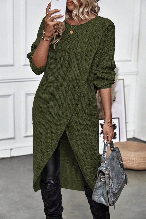 Solid Color Round Neck Long Sleeve Loose Slit Knitted Sweater