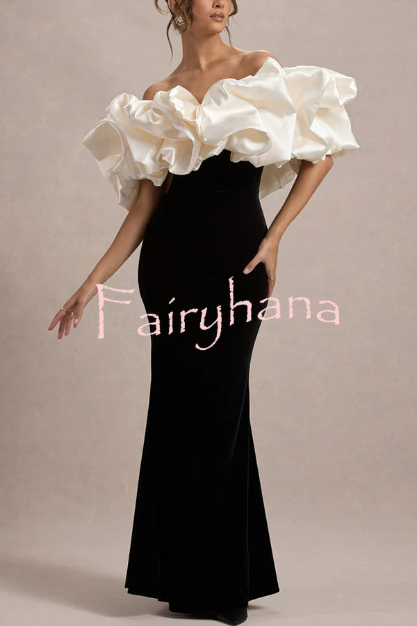 Cecily Velvet Off Shoulder Satin Structured Bardot Neck Stretch Maxi Dress