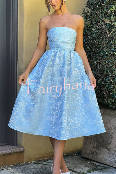 Jacquard Fabric Strapless Open Back Elegant Slim Midi Dress