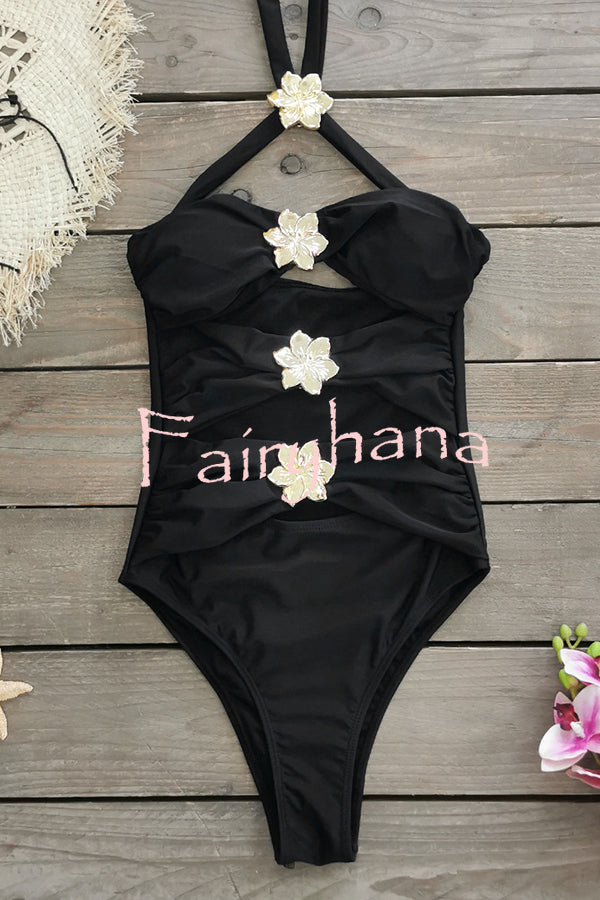 Sun and Sea Hollow Metal Flower Decoration Stretch One-piece Swimsuit