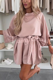 Solid Color Loose Round Neck Belted Mini Dress