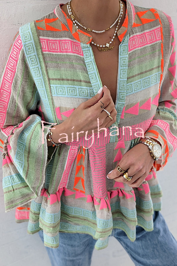 Phylis Linen Blend Colorful Ethnic Print Bell Sleeve Babydoll Blouse
